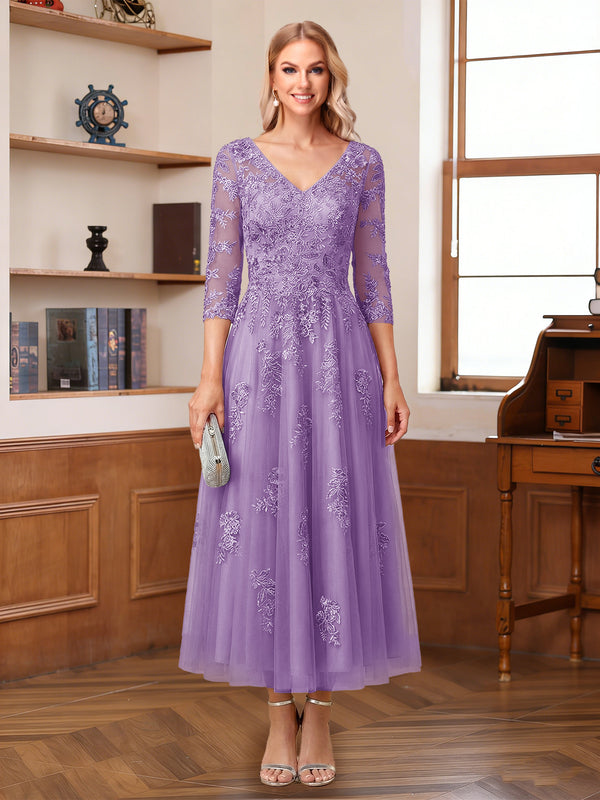 A-Line/Princess V-Neck Half Sleeves Ankle-Length Mother of the Bride Dresses with Appliques