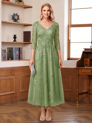 A-Line/Princess V-Neck Half Sleeves Ankle-Length Mother of the Bride Dresses with Appliques