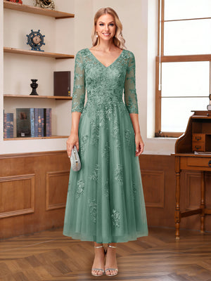 A-Line/Princess V-Neck Half Sleeves Ankle-Length Mother of the Bride Dresses with Appliques