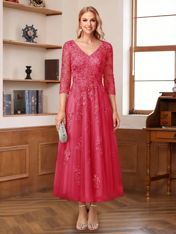 A-Line/Princess V-Neck Half Sleeves Ankle-Length Mother of the Bride Dresses with Appliques