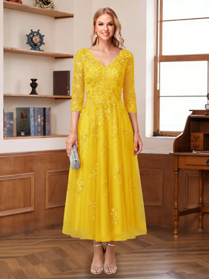 A-Line/Princess V-Neck Half Sleeves Ankle-Length Mother of the Bride Dresses with Appliques