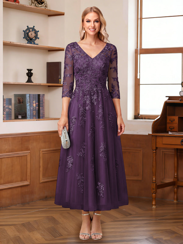 A-Line/Princess V-Neck Half Sleeves Ankle-Length Mother of the Bride Dresses with Appliques