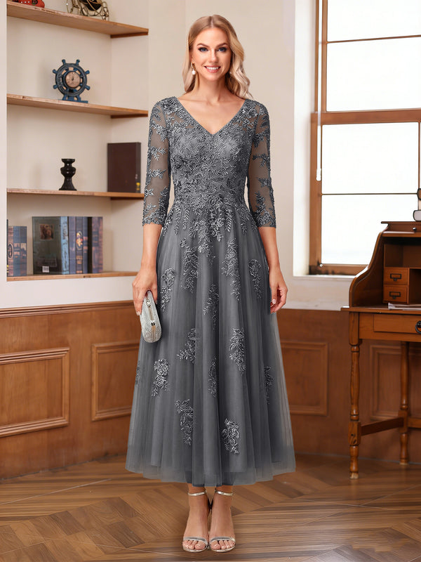 A-Line/Princess V-Neck Half Sleeves Ankle-Length Mother of the Bride Dresses with Appliques