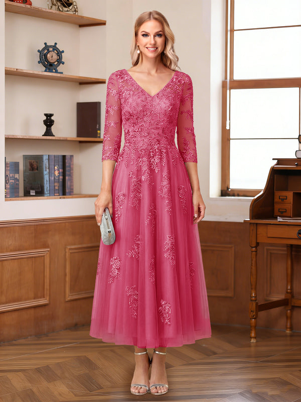A-Line/Princess V-Neck Half Sleeves Ankle-Length Mother of the Bride Dresses with Appliques