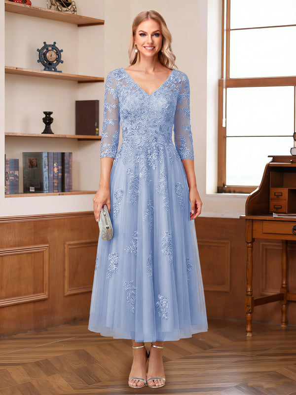 A-Line/Princess V-Neck Half Sleeves Ankle-Length Mother of the Bride Dresses with Appliques