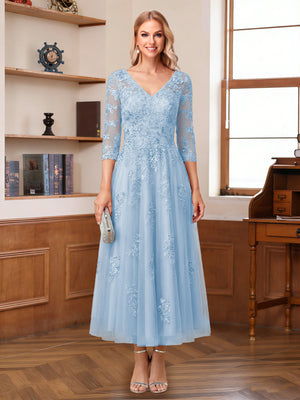 A-Line/Princess V-Neck Half Sleeves Ankle-Length Mother of the Bride Dresses with Appliques
