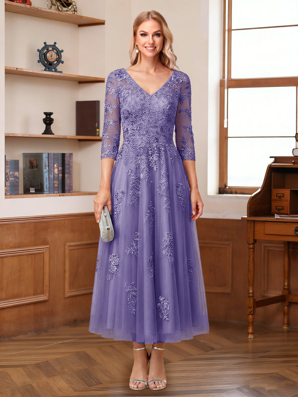 A-Line/Princess V-Neck Half Sleeves Ankle-Length Mother of the Bride Dresses with Appliques