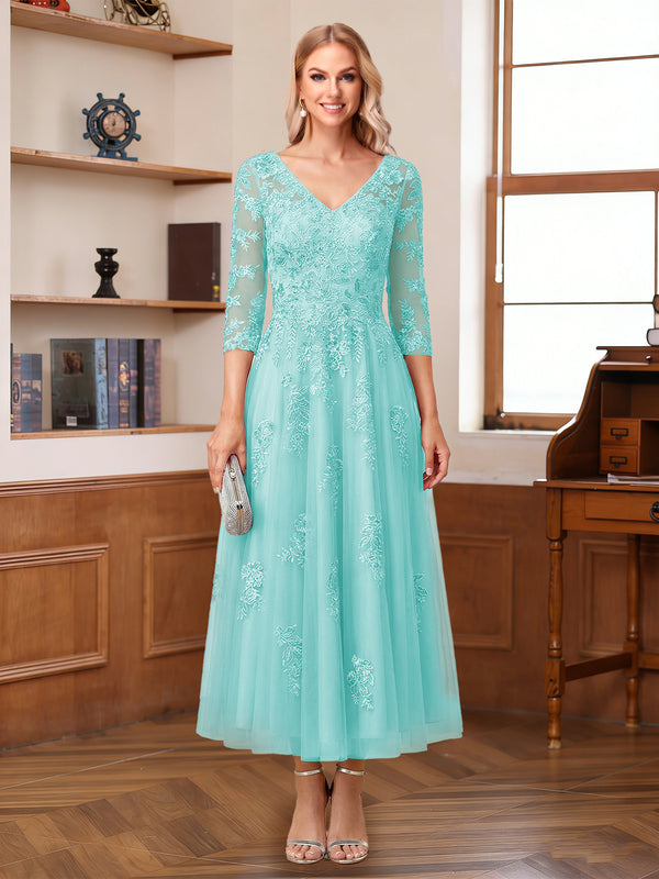 A-Line/Princess V-Neck Half Sleeves Ankle-Length Mother of the Bride Dresses with Appliques