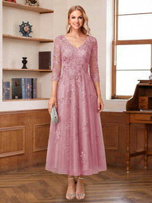 A-Line/Princess V-Neck Half Sleeves Ankle-Length Mother of the Bride Dresses with Appliques