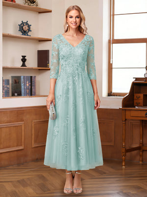 A-Line/Princess V-Neck Half Sleeves Ankle-Length Mother of the Bride Dresses with Appliques