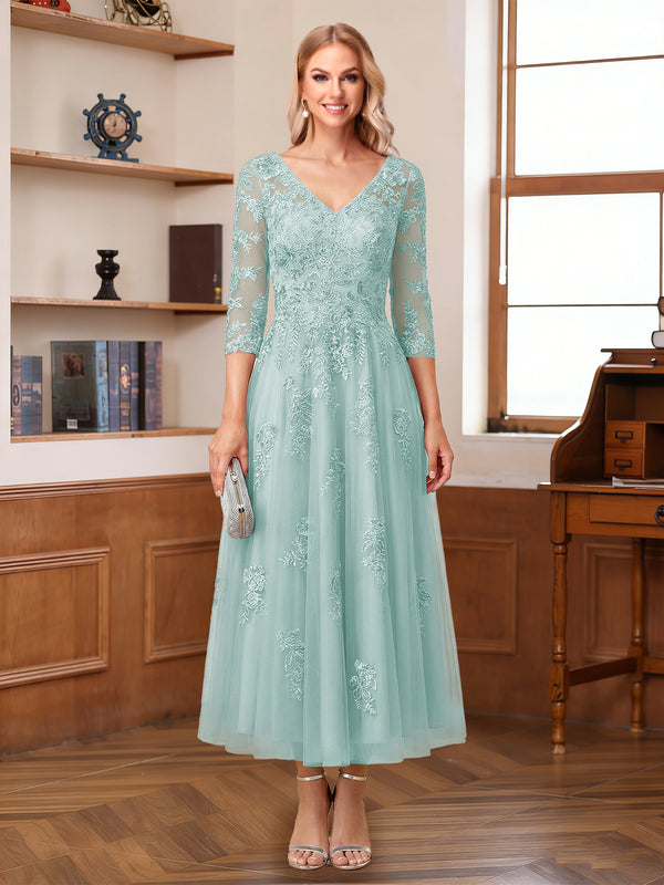 A-Line/Princess V-Neck Half Sleeves Ankle-Length Mother of the Bride Dresses with Appliques