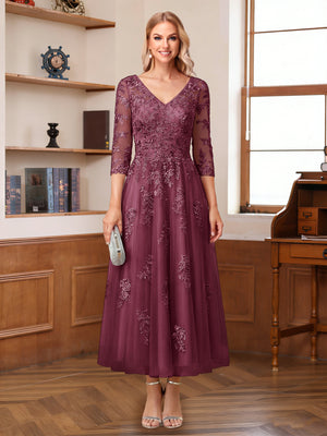 A-Line/Princess V-Neck Half Sleeves Ankle-Length Mother of the Bride Dresses with Appliques