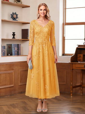A-Line/Princess V-Neck Half Sleeves Ankle-Length Mother of the Bride Dresses with Appliques