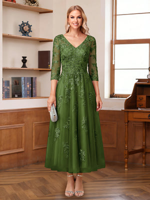 A-Line/Princess V-Neck Half Sleeves Ankle-Length Mother of the Bride Dresses with Appliques