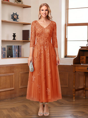 A-Line/Princess V-Neck Half Sleeves Ankle-Length Mother of the Bride Dresses with Appliques