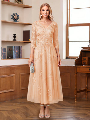 A-Line/Princess V-Neck Half Sleeves Ankle-Length Mother of the Bride Dresses with Appliques