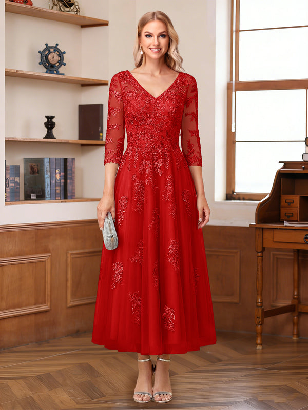 A-Line/Princess V-Neck Half Sleeves Ankle-Length Mother of the Bride Dresses with Appliques
