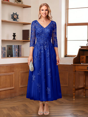 A-Line/Princess V-Neck Half Sleeves Ankle-Length Mother of the Bride Dresses with Appliques