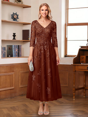 A-Line/Princess V-Neck Half Sleeves Ankle-Length Mother of the Bride Dresses with Appliques