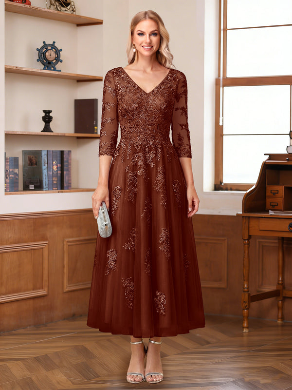 A-Line/Princess V-Neck Half Sleeves Ankle-Length Mother of the Bride Dresses with Appliques