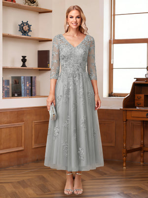 A-Line/Princess V-Neck Half Sleeves Ankle-Length Mother of the Bride Dresses with Appliques
