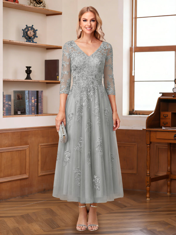 A-Line/Princess V-Neck Half Sleeves Ankle-Length Mother of the Bride Dresses with Appliques