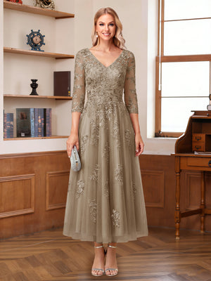 A-Line/Princess V-Neck Half Sleeves Ankle-Length Mother of the Bride Dresses with Appliques