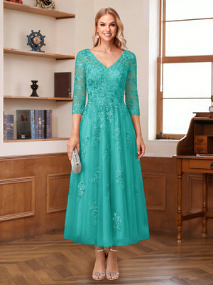 A-Line/Princess V-Neck Half Sleeves Ankle-Length Mother of the Bride Dresses with Appliques