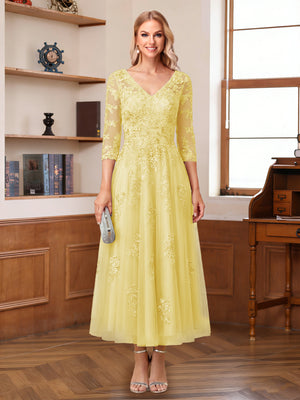A-Line/Princess V-Neck Half Sleeves Ankle-Length Mother of the Bride Dresses with Appliques