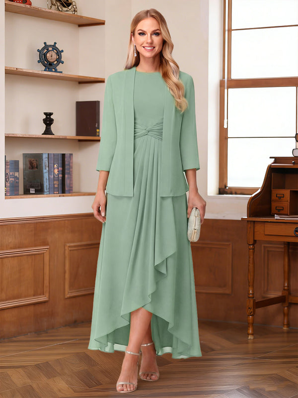A-Line/Princess Long Sleeves Scoop Asymmetrical Mother of the Bride Dresses with Ruched & Ruffles