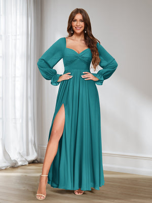 Lavetir Bridesmaid Dresses Turquoise A-Line/Princess Sweetheart Chiffon Long Sleeves with Split Side 2026 Lavetir Bridesmaid Dresses Turquoise A-Line/Princess Sweetheart Chiffon Long Sleeves with Split Side 2026
