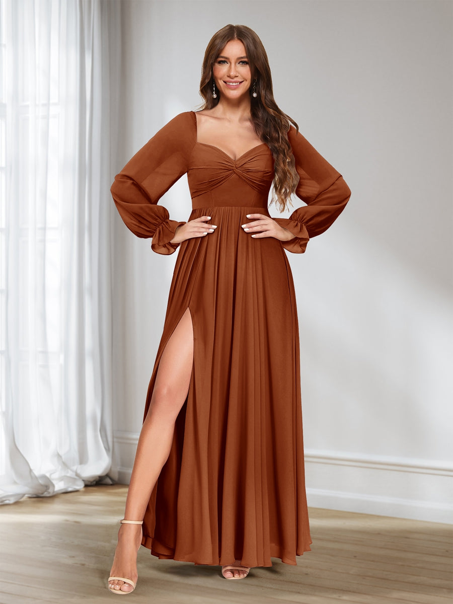Lavetir Bridesmaid Dresses Burnt Orange A-Line/Princess Sweetheart Chiffon Long Sleeves with Split Side 2026