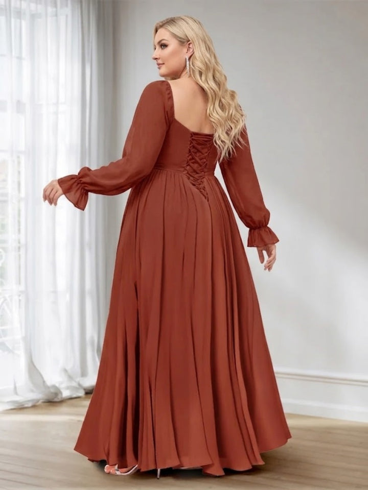 A-Line/Princess Sweetheart Chiffon Long Sleeves Plus Size Bridesmaid Dresses with Split Side