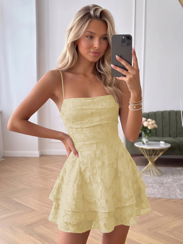 A-Line/Princess Spaghetti Straps Sleeveless Chiffon Mini Homecoming Dresses with Tiered&amp;Ruffles