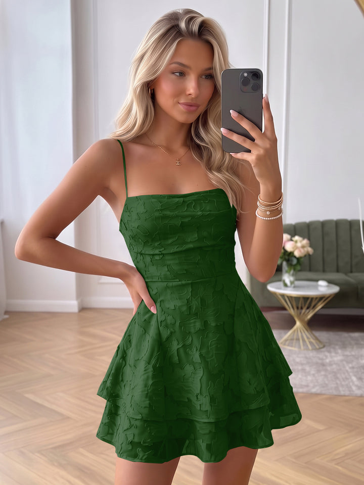 A-Line/Princess Spaghetti Straps Sleeveless Chiffon Mini Homecoming Dresses with Tiered&amp;Ruffles