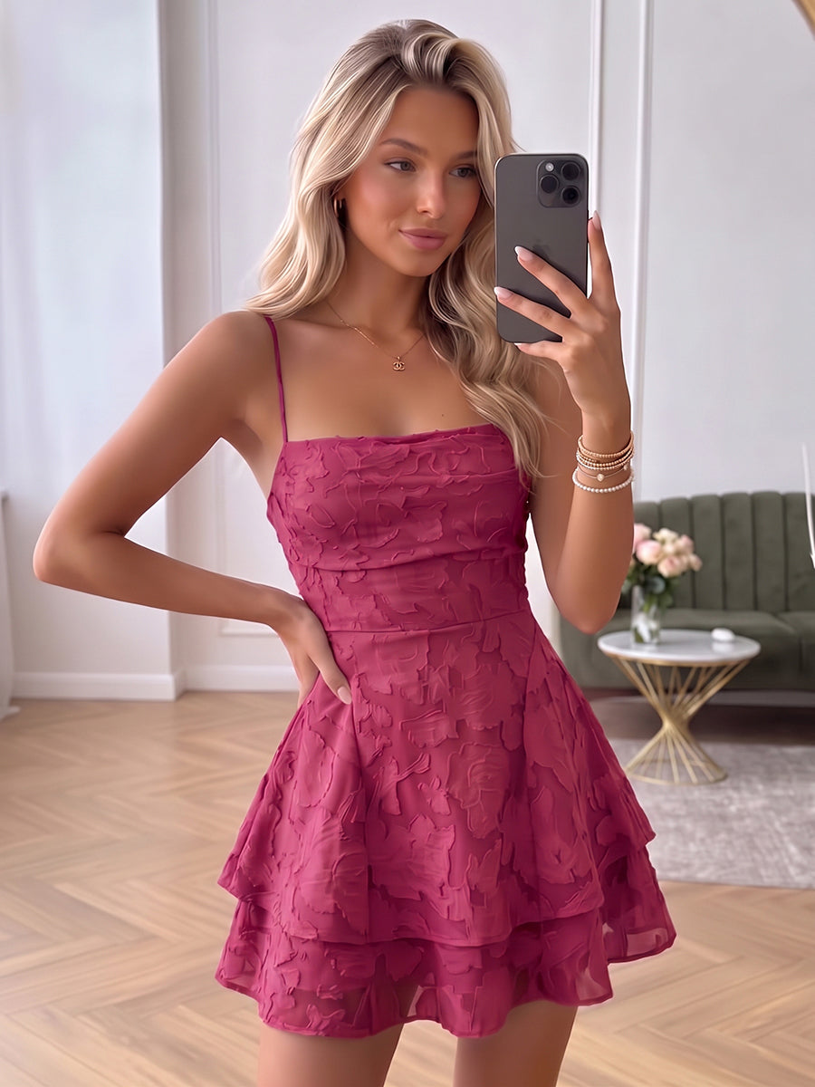 A-Line/Princess Spaghetti Straps Sleeveless Chiffon Mini Homecoming Dresses with Tiered&amp;Ruffles
