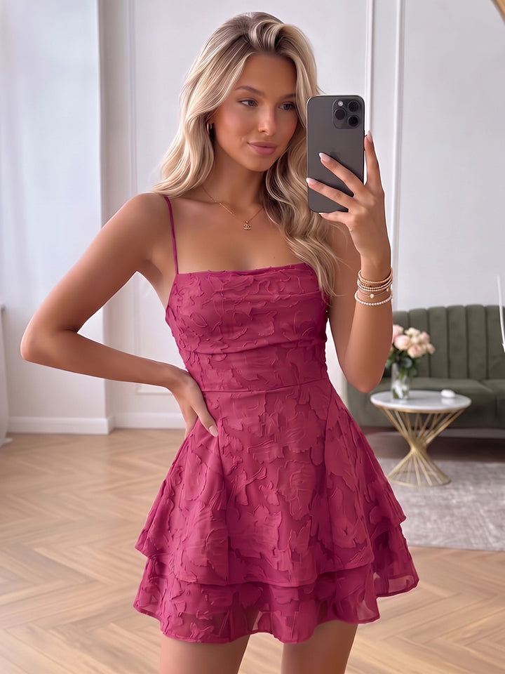 A-Line/Princess Spaghetti Straps Sleeveless Chiffon Mini Homecoming Dresses with Tiered&amp;Ruffles