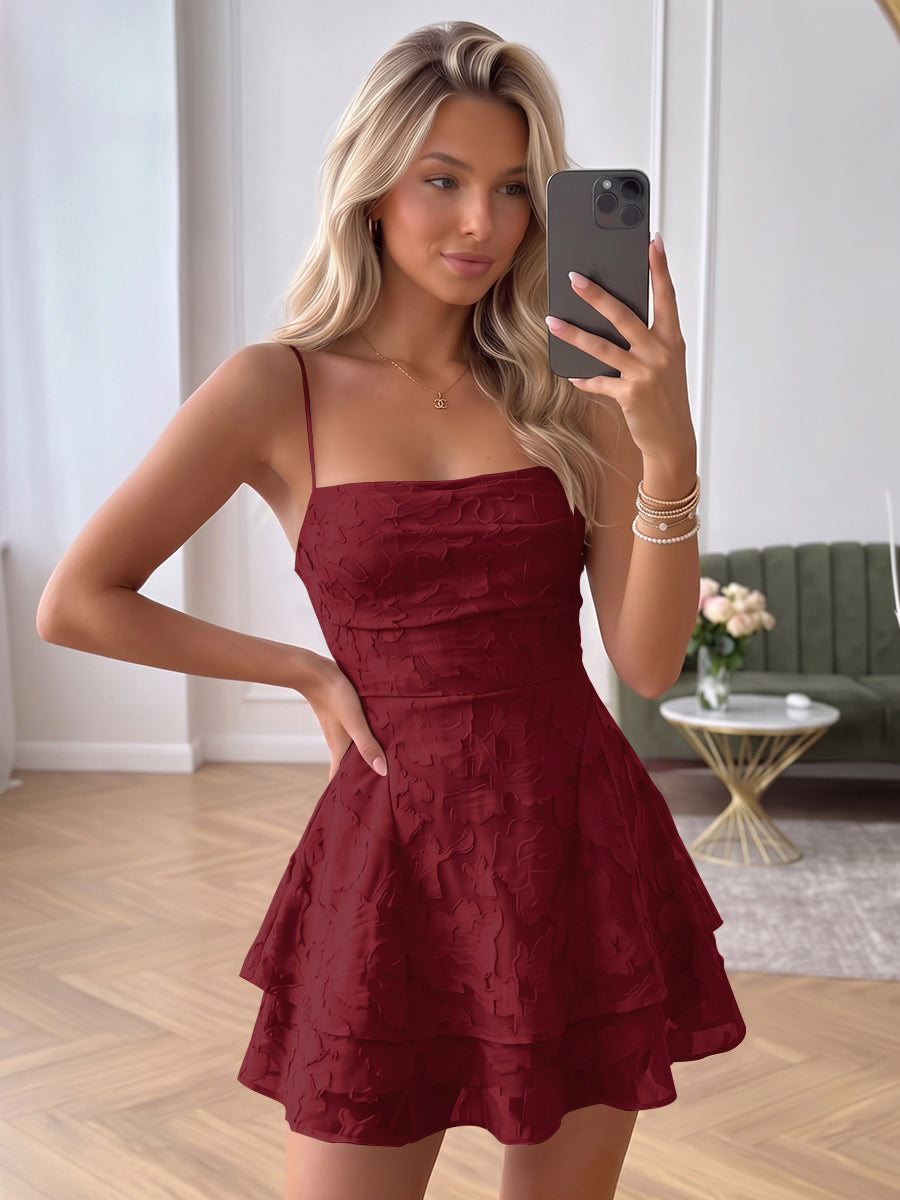 A-Line/Princess Spaghetti Straps Sleeveless Chiffon Mini Homecoming Dresses with Tiered&amp;Ruffles