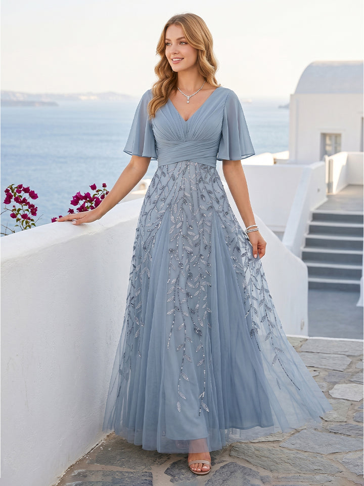 A-Line V-Neck Half Sleeves Split Side Chiffon Bridesmaid Dresses With Appliques