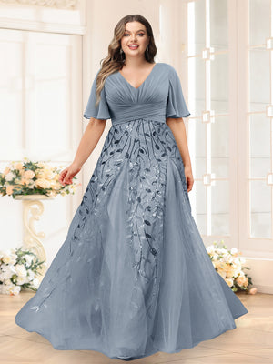 A-Line V-Neck Half Sleeves Split Side Chiffon Plus Size Bridesmaid Dresses With Appliques