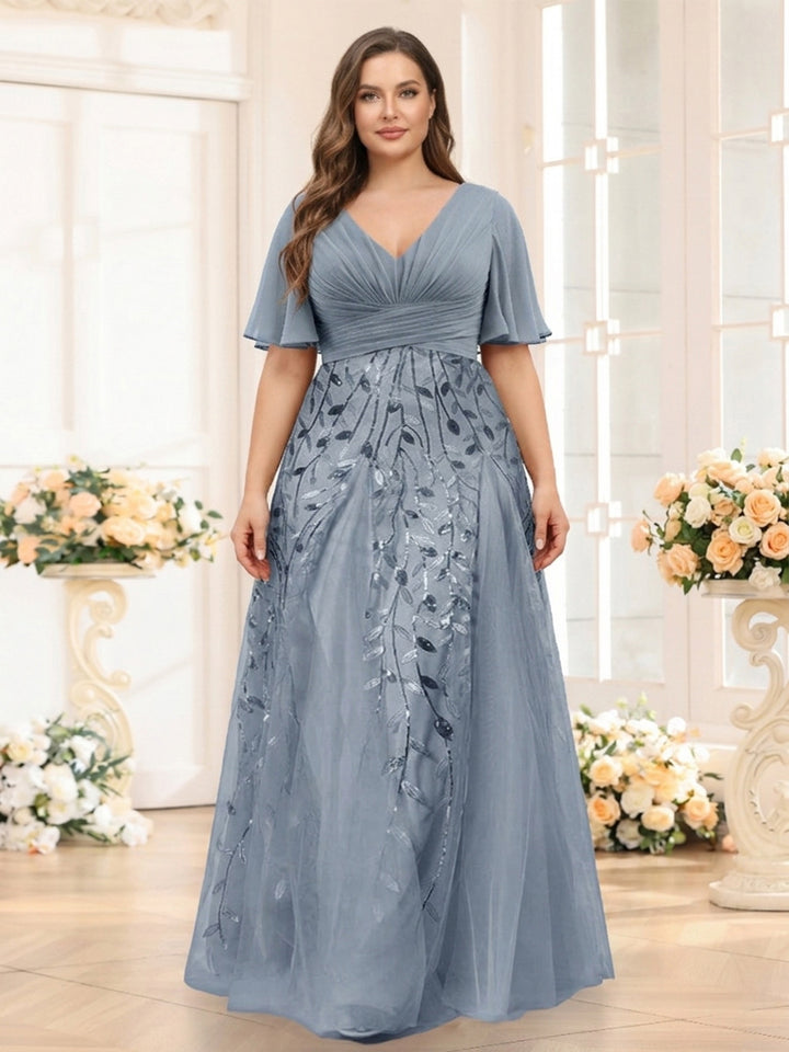 A-Line V-Neck Half Sleeves Split Side Chiffon Plus Size Bridesmaid Dresses With Appliques