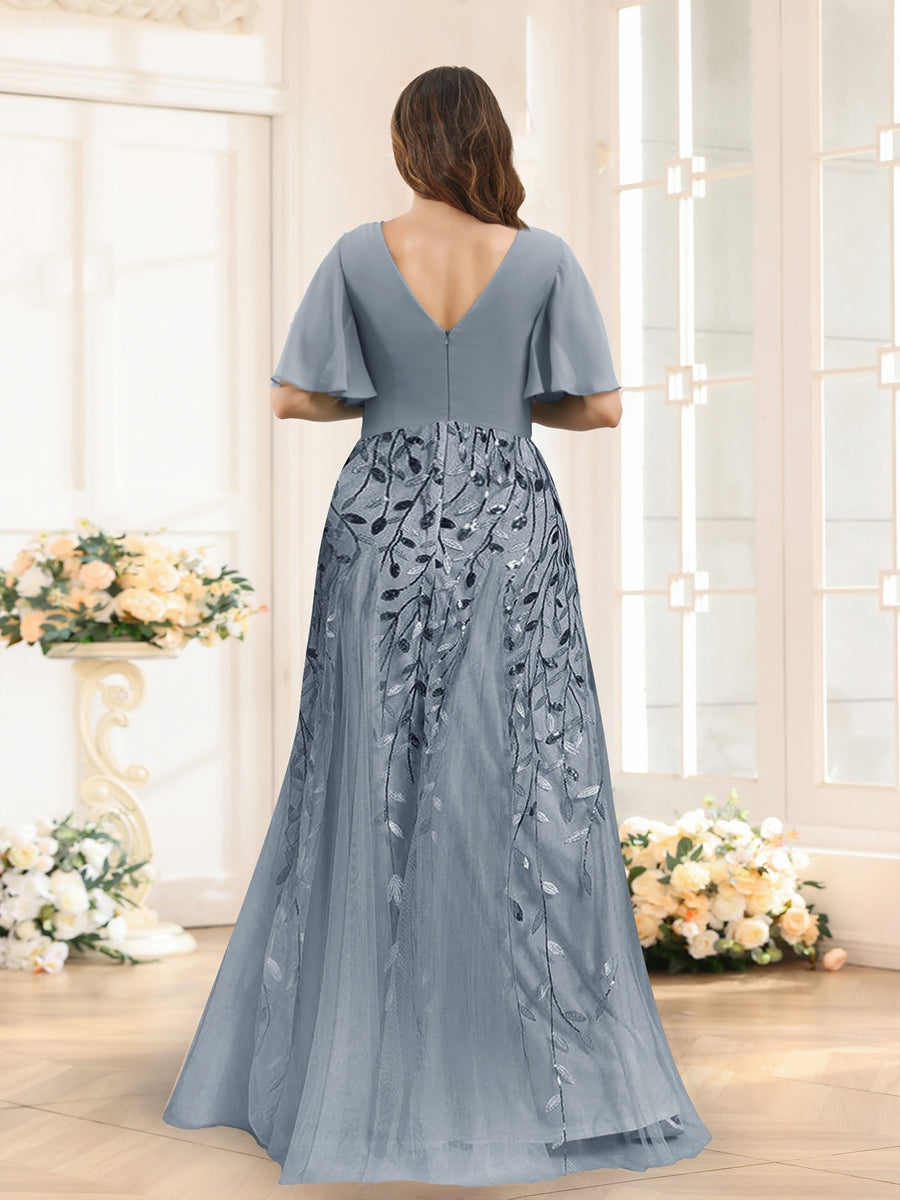A-Line V-Neck Half Sleeves Split Side Chiffon Plus Size Bridesmaid Dresses With Appliques