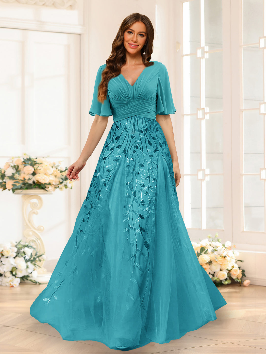 A-Line V-Neck Half Sleeves Split Side Chiffon Bridesmaid Dresses With Appliques