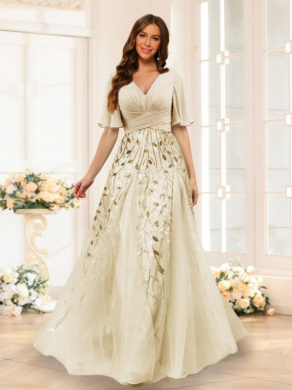 A-Line V-Neck Half Sleeves Split Side Chiffon Bridesmaid Dresses With Appliques