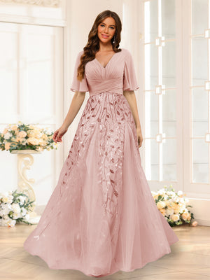 A-Line V-Neck Half Sleeves Split Side Chiffon Bridesmaid Dresses With Appliques