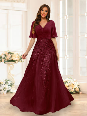 A-Line V-Neck Half Sleeves Split Side Chiffon Bridesmaid Dresses With Appliques