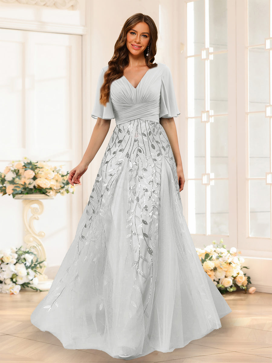 A-Line V-Neck Half Sleeves Split Side Chiffon Bridesmaid Dresses With Appliques