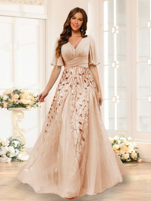 A-Line V-Neck Half Sleeves Split Side Chiffon Bridesmaid Dresses With Appliques