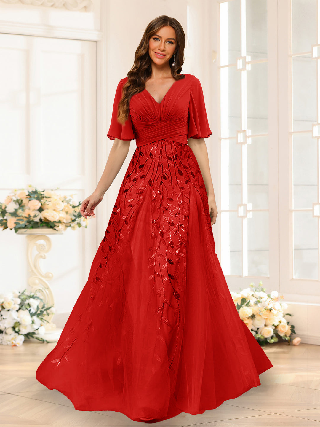 A-Line V-Neck Half Sleeves Split Side Chiffon Bridesmaid Dresses With Appliques
