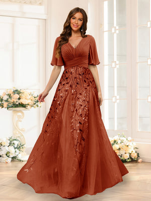 A-Line V-Neck Half Sleeves Split Side Chiffon Bridesmaid Dresses With Appliques